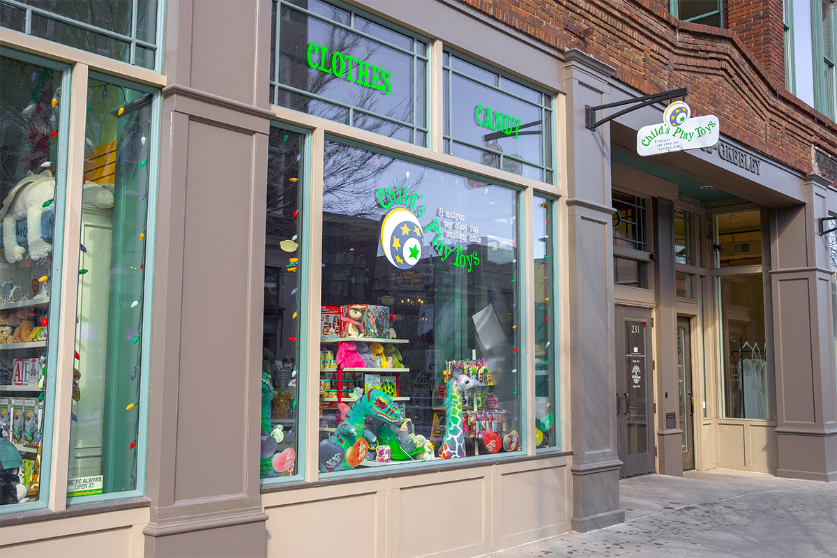 The storefront of Child's Play Toys, located on Phillips Avenue in downtown Sioux Falls.