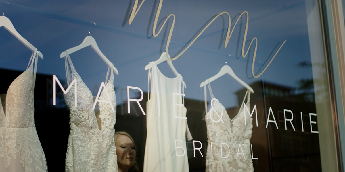 The front window of Marie and Marie Bridal in downtown Sioux Falls.
