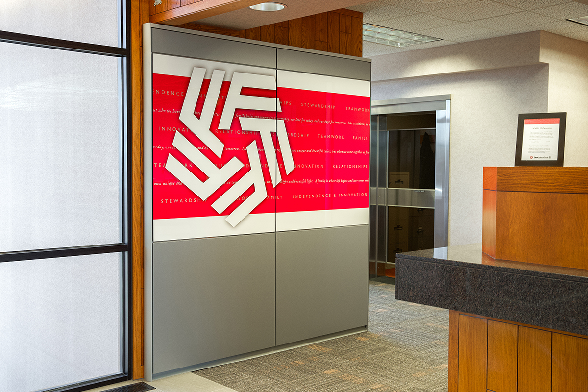 A decorative wall in First National Bank's Benson Road branch.