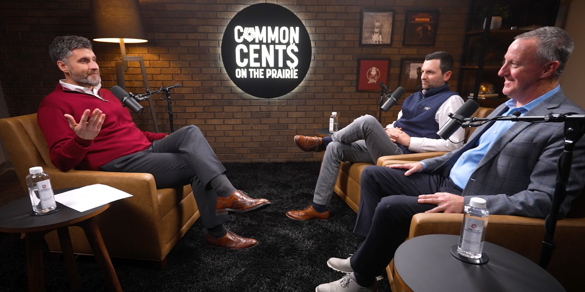 Adam Cox, Kyle Cipperley, and Don Rahn in the Common Cents on the Prairie studio recording an episode.